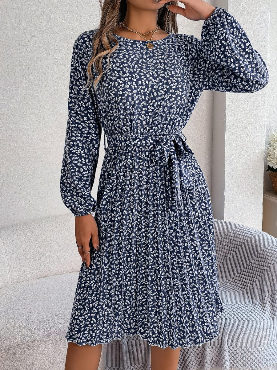Ditsy Floral Tie Waist Pleated Dress - Trendsi