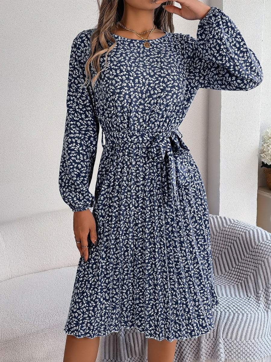 Ditsy Floral Tie Waist Pleated Dress - Trendsi - Flyclothing LLC
