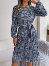 Ditsy Floral Tie Waist Pleated Dress - Trendsi - Flyclothing LLC