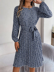 Ditsy Floral Tie Waist Pleated Dress - Trendsi
