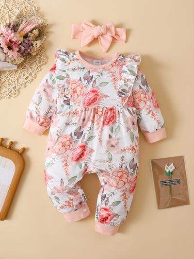 Ruffled Floral Round Neck Jumpsuit with Headband - Trendsi - Flyclothing LLC