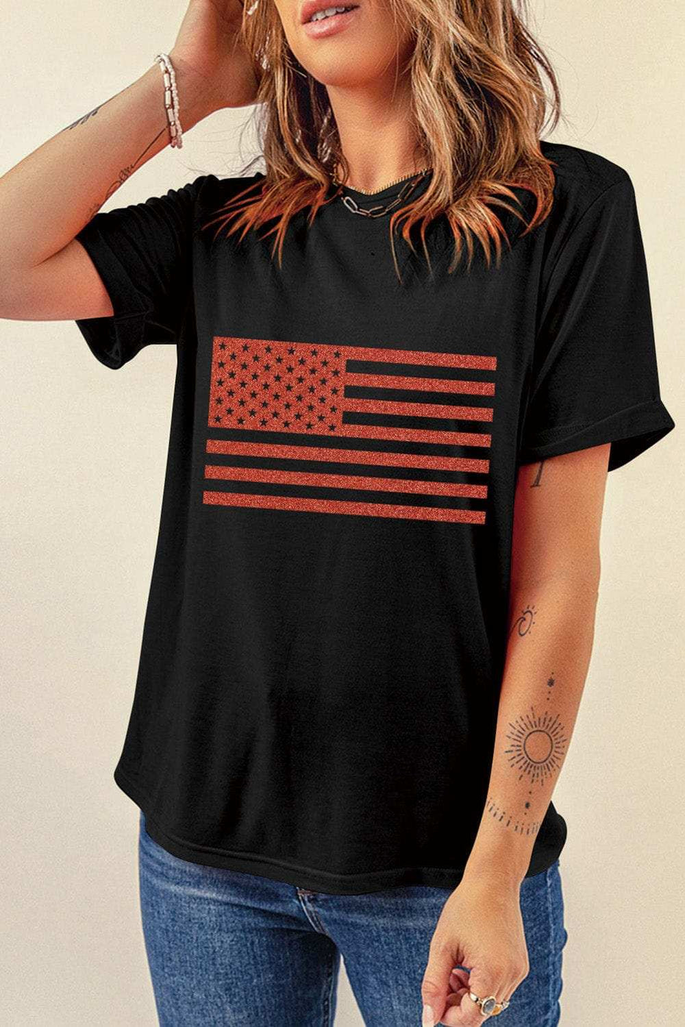 US Flag Round Neck Short Sleeve T-Shirt - Trendsi - Flyclothing LLC