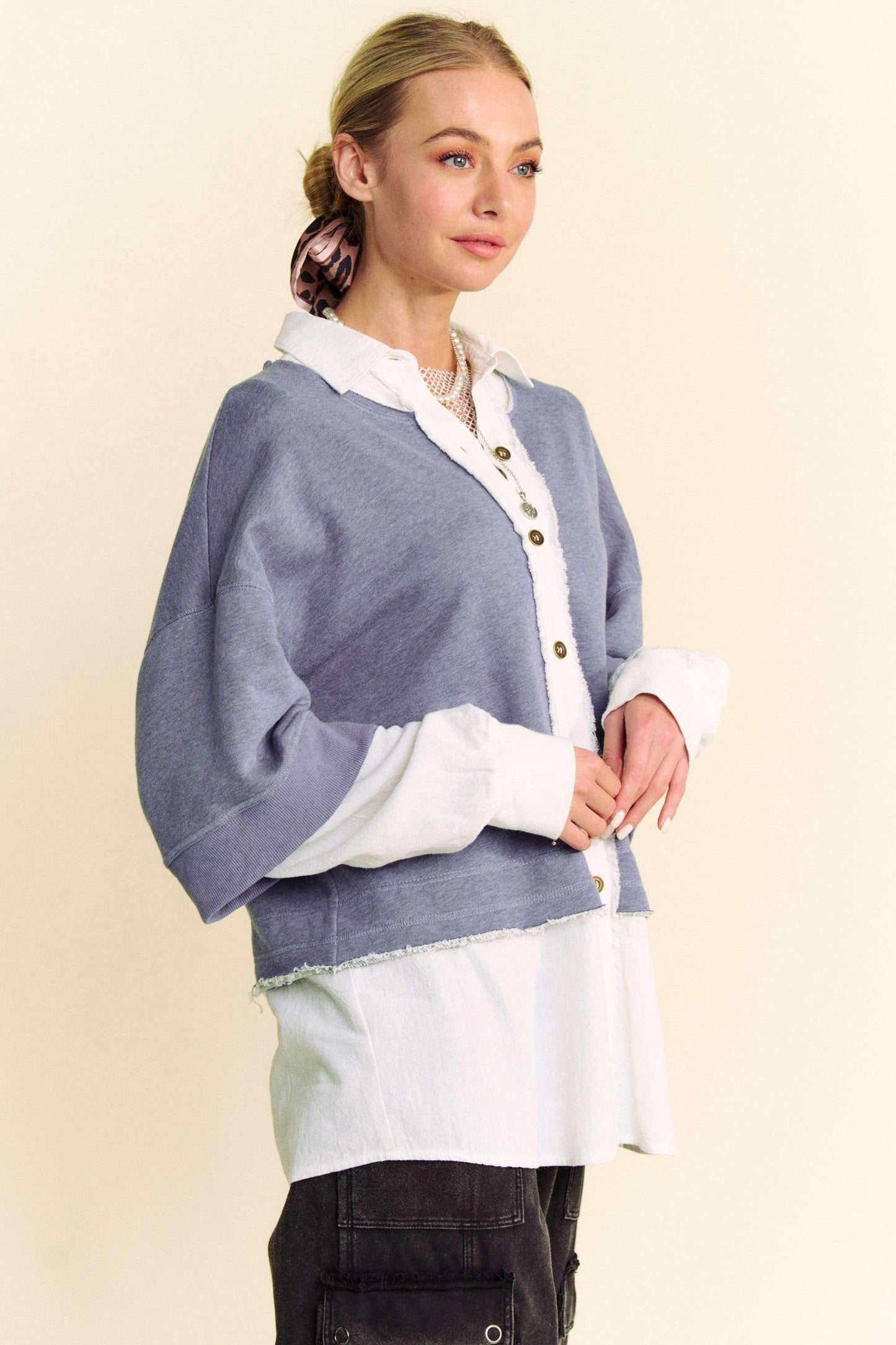 Davi & Dani Faux Layered French Terry Contrast Top - Trendsi - Flyclothing LLC