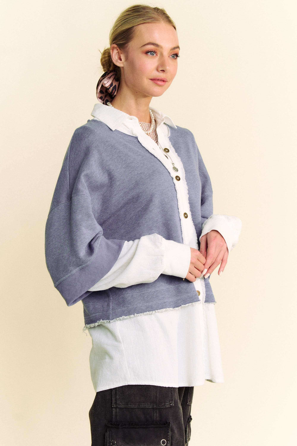 Davi & Dani Faux Layered French Terry Contrast Top - Trendsi - Flyclothing LLC