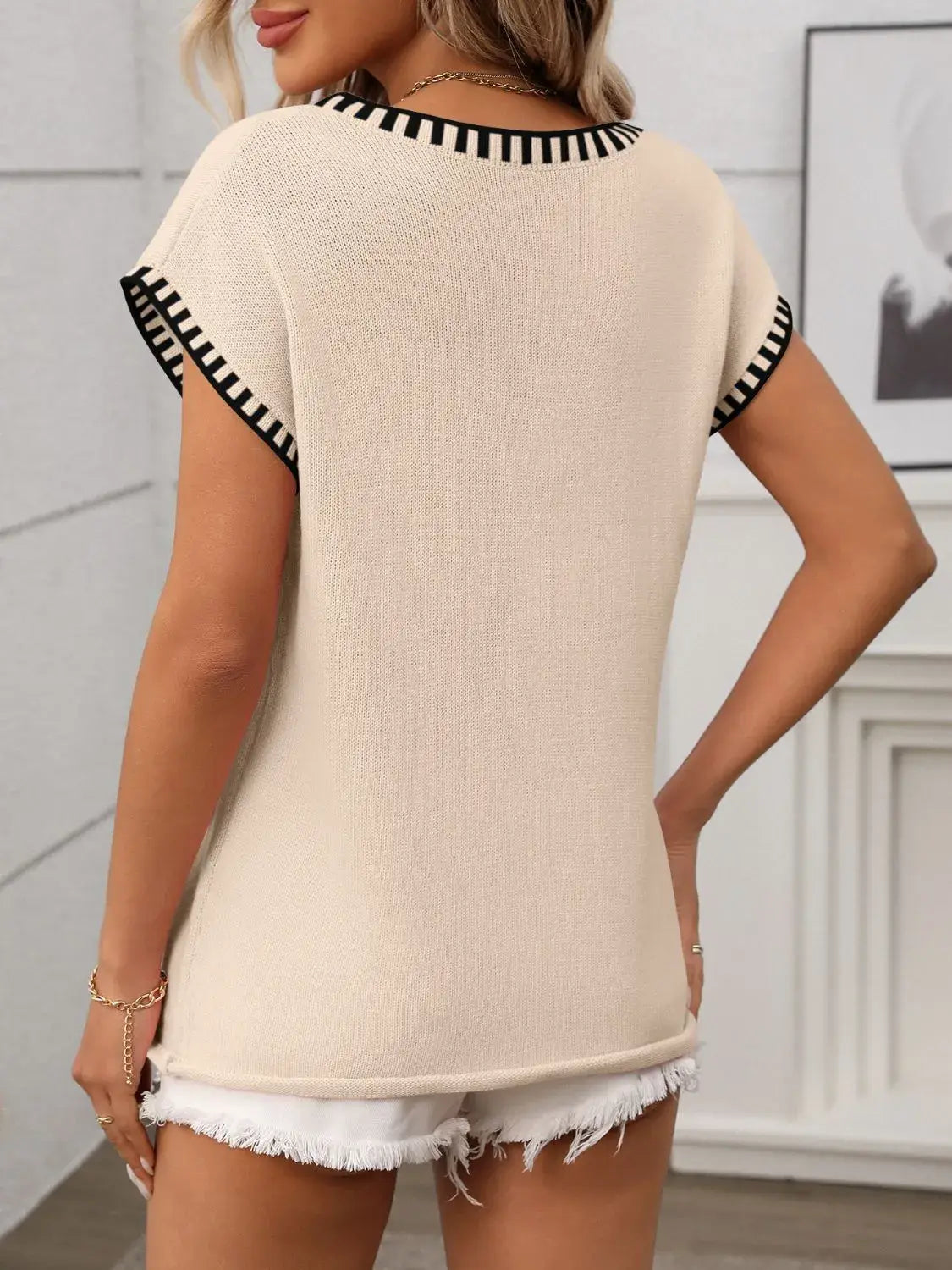 Contrast Trim V-Neck Knit Top - Trendsi - Flyclothing LLC