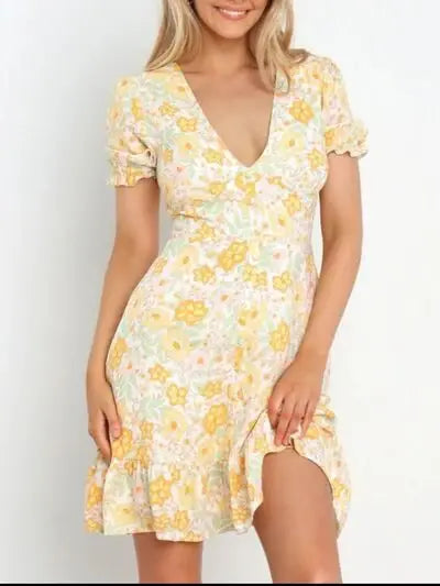 Ruffled Hem Printed Short Sleeve Mini Dress - Trendsi - Flyclothing LLC