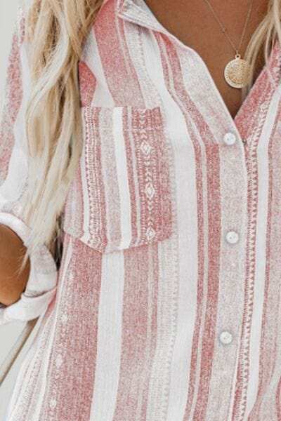 Striped Collared Neck Long Sleeve Shirt - Trendsi - Flyclothing LLC