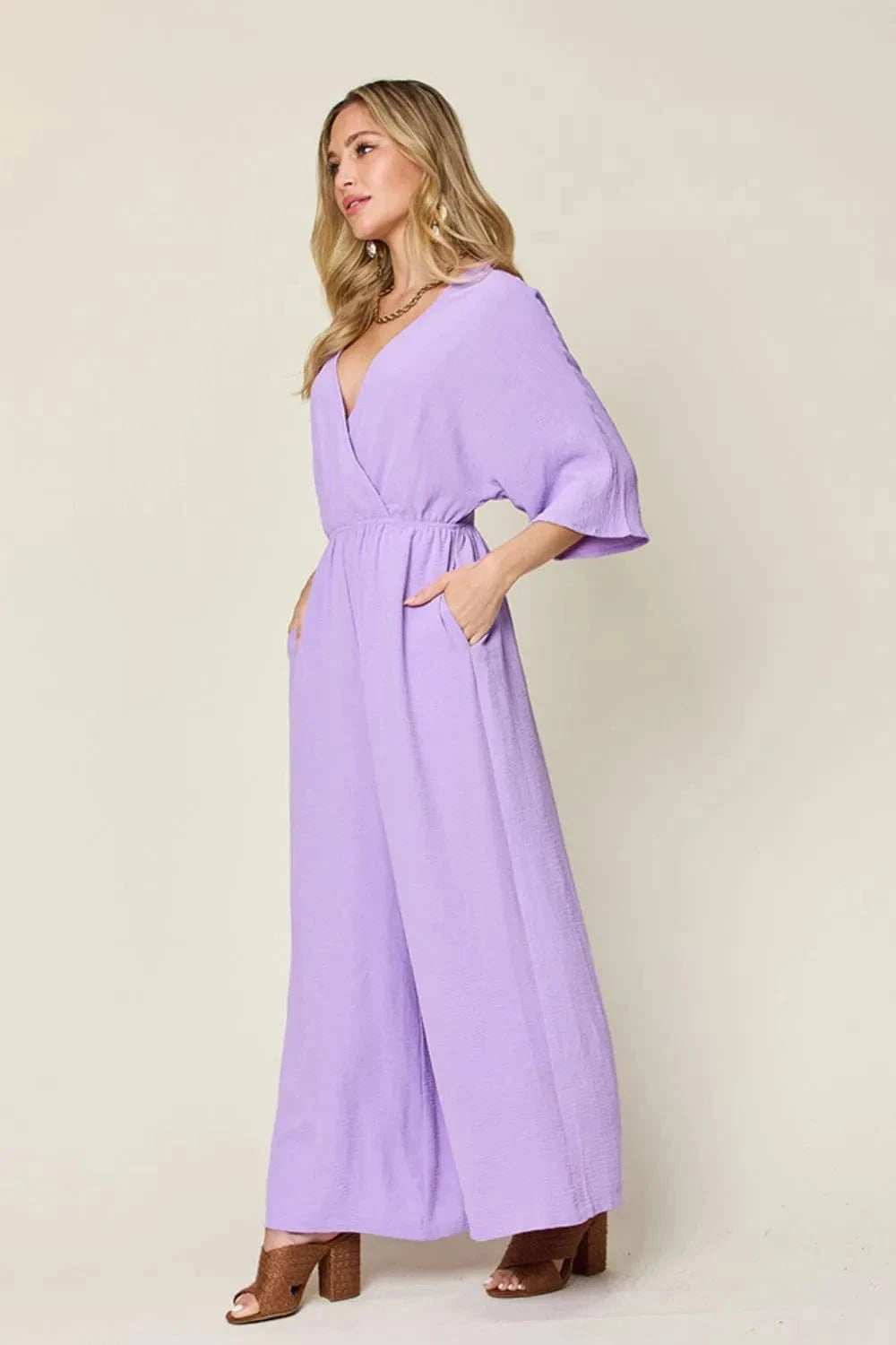 Double Take Full Size Surplice Wide Leg Jumpsuit with Pockets - Trendsi - Flyclothing LLC