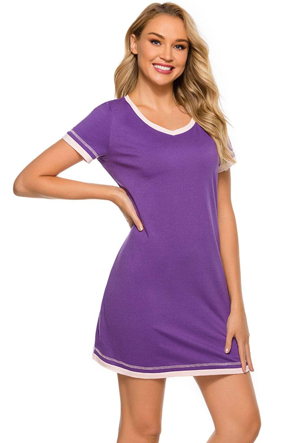 Contrast Trim Short Sleeve Lounge Dress - Trendsi - Flyclothing LLC