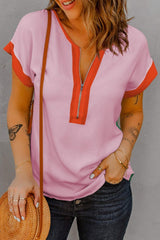 Contrast Half Zip Short Sleeve Top - Trendsi - Flyclothing LLC