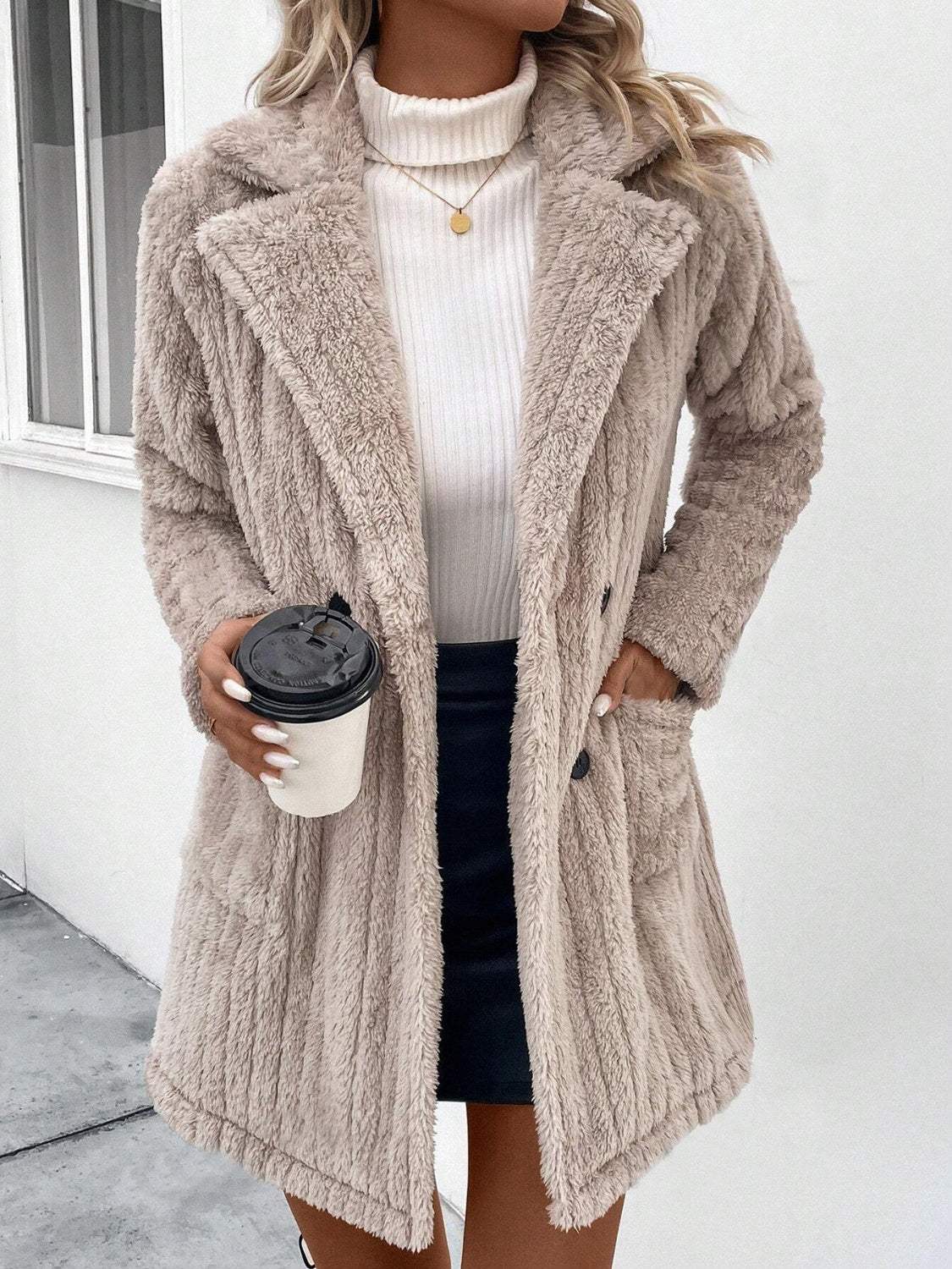 Fuzzy Button Up Long Sleeve Coat with Pockets - Trendsi - Flyclothing LLC