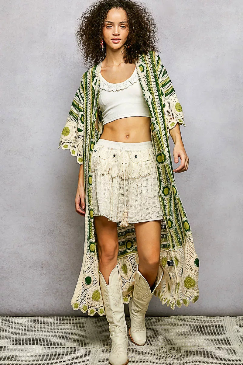 POL Striped and Floral Pattern Crochet Longline Cardigan - Trendsi - Flyclothing LLC