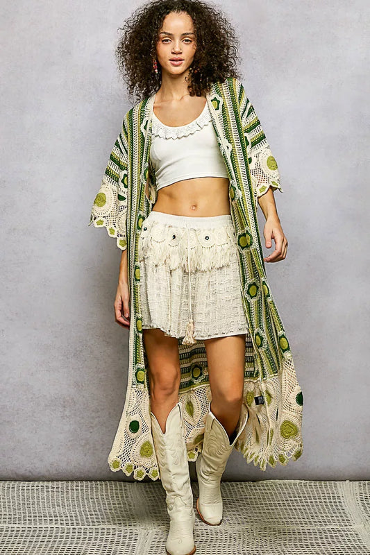 POL Striped and Floral Pattern Crochet Longline Cardigan - Trendsi - Flyclothing LLC