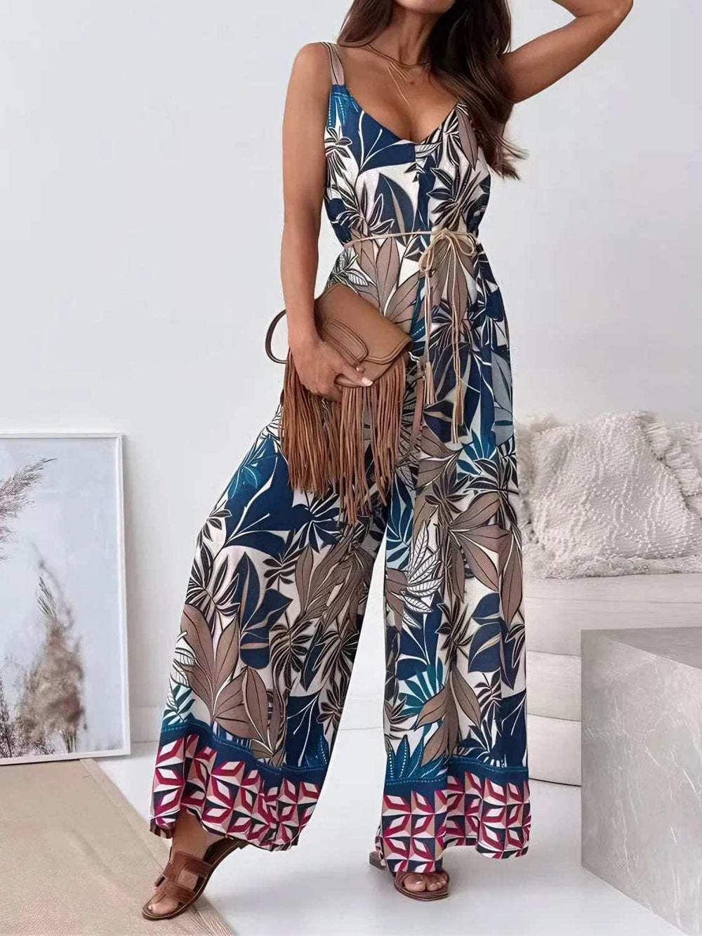 Printed V-Neck Wide Leg Jumpsuit - Trendsi - Flyclothing LLC