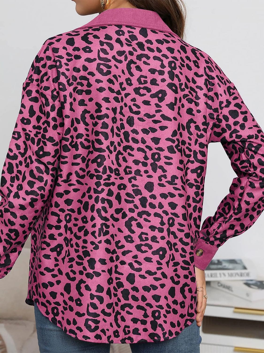 Full Size Leopard Collared Neck Button Up Long Sleeve Jacket - Trendsi