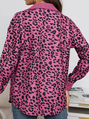 Full Size Leopard Collared Neck Button Up Long Sleeve Jacket - Trendsi