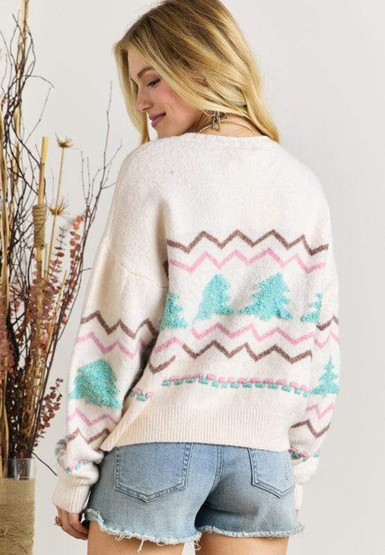 Christmas Tree Ribbed Hem Dropped Shoulder Sweater - Trendsi - Flyclothing LLC