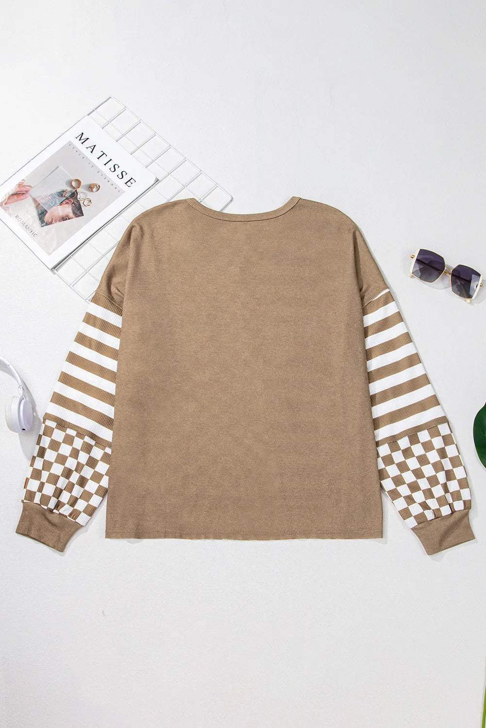 Checker & Stripes Round Neck Long Sleeve Blouse - Trendsi - Flyclothing LLC
