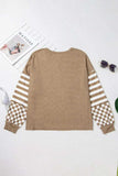 Checker & Stripes Round Neck Long Sleeve Blouse - Trendsi - Flyclothing LLC