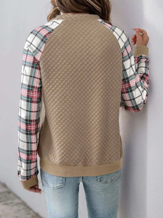 Perfee Plaid Half Zip Long Sleeve Texture Sweatshirt - Trendsi - Flyclothing LLC