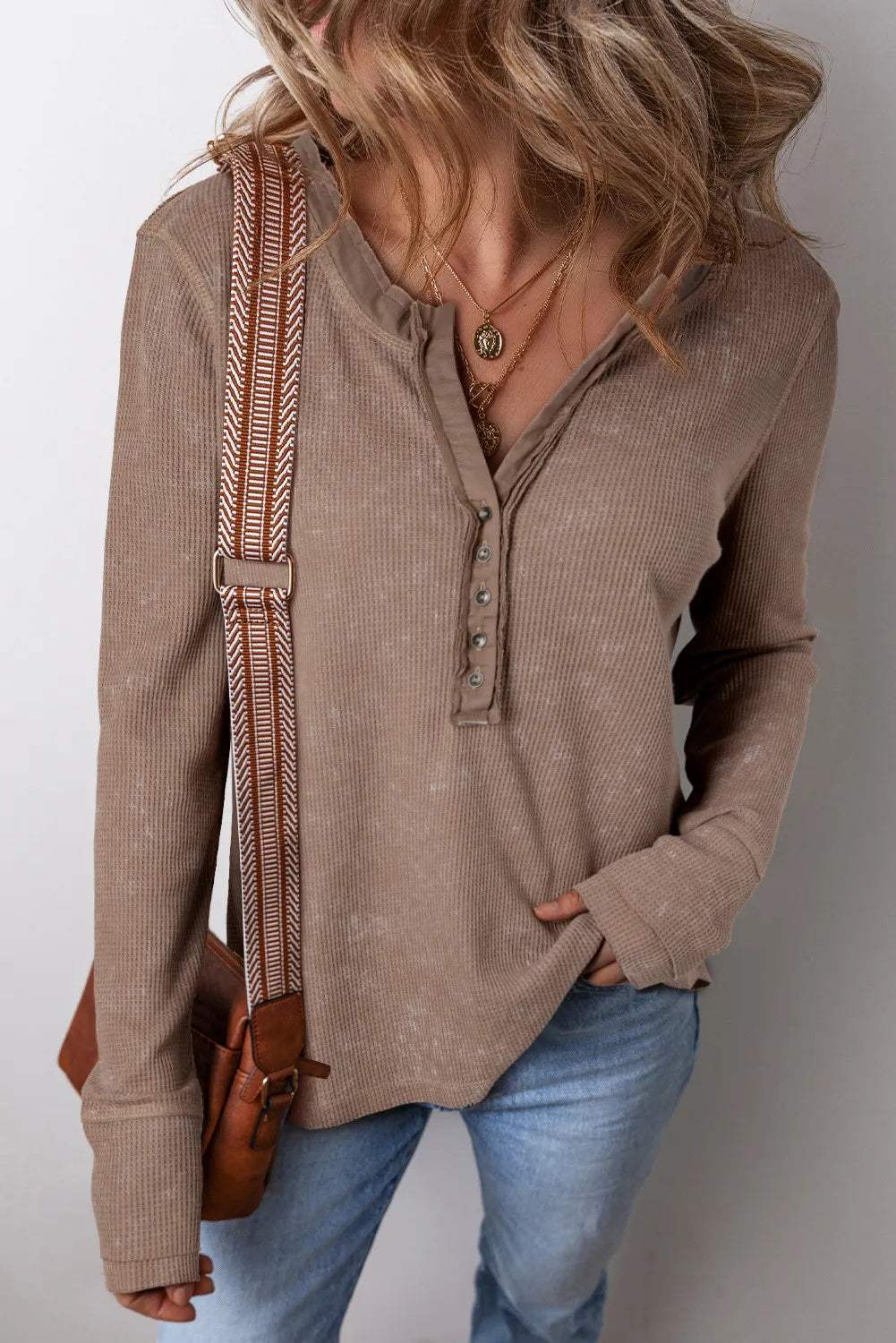 Notched Long Sleeve Top - Trendsi - Flyclothing LLC