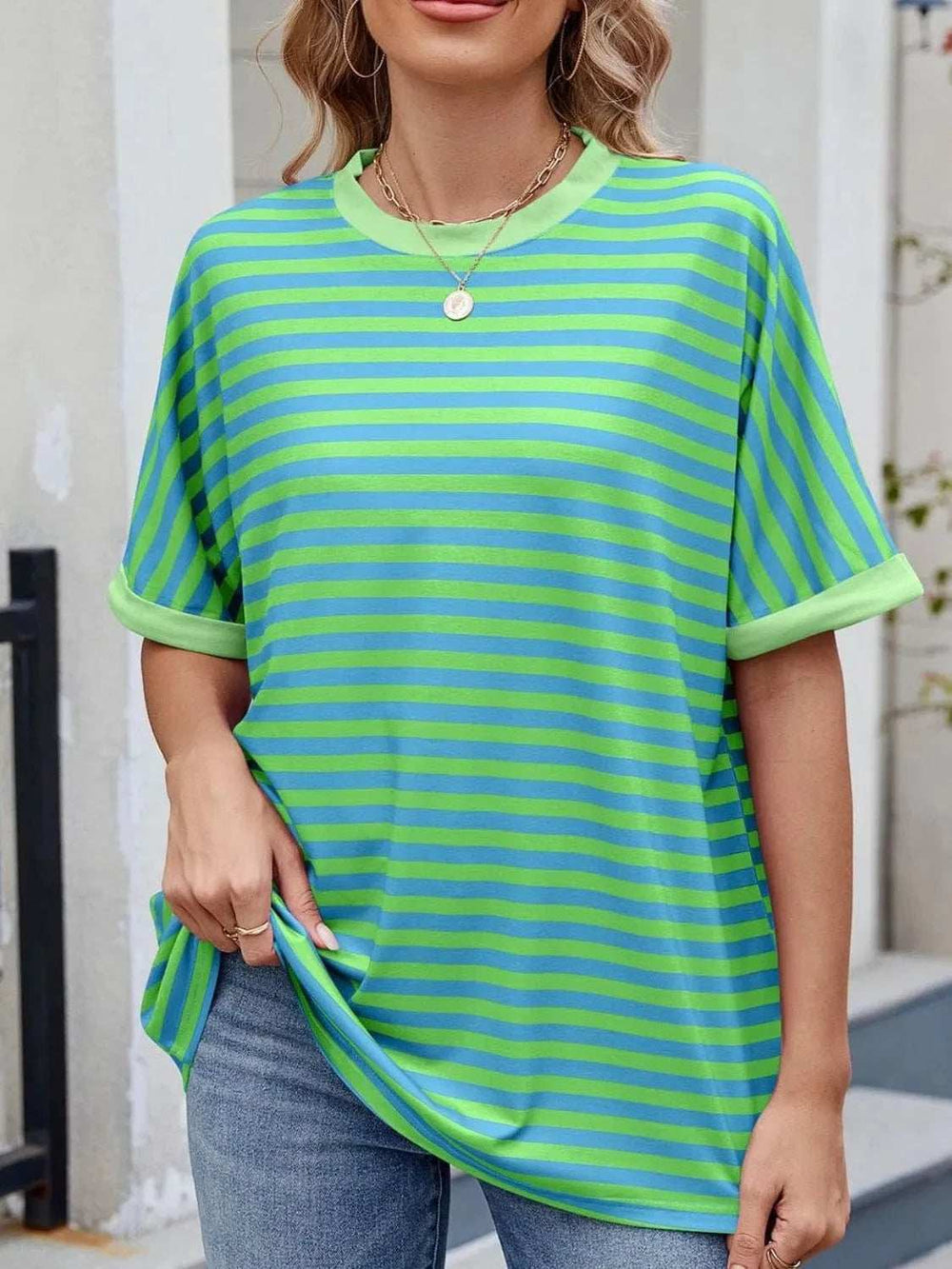 Striped Round Neck Half Sleeve T-Shirt - Trendsi - Flyclothing LLC