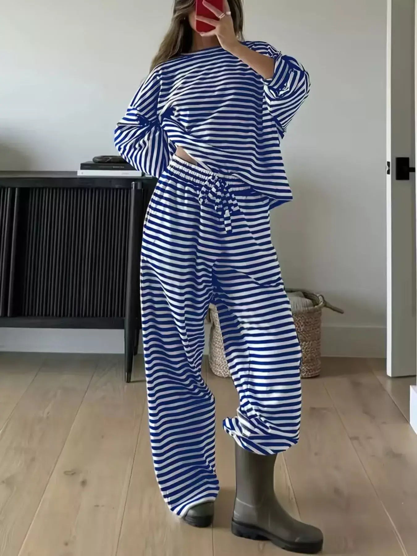 Striped Round Neck Top and Pants Set - Trendsi - Flyclothing LLC