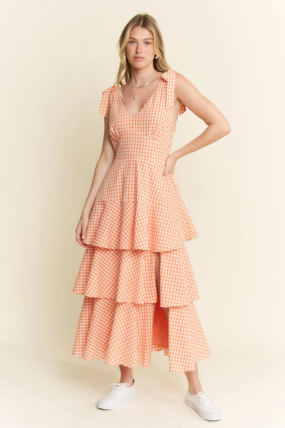 Jade By Jane Sleeveless Gingham Print Tiered Midi Dress - Trendsi - Flyclothing LLC