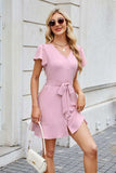 Tied Button Up Short Sleeve Mini Shirt Dress - Trendsi - Flyclothing LLC