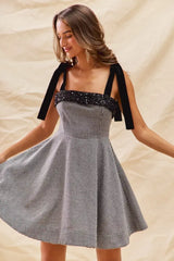 SO ME Houndstooth Fit Flare Mini Dress with Shoulder Tie - Trendsi - Flyclothing LLC
