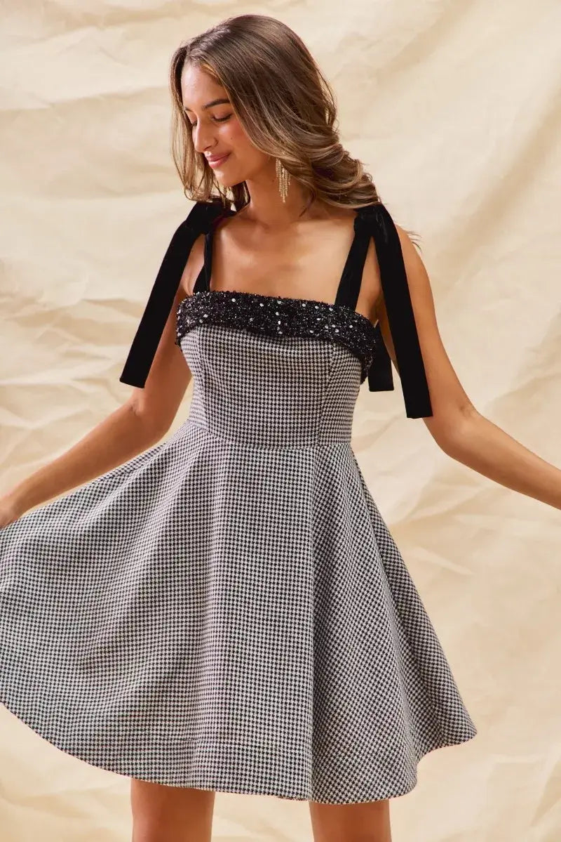 SO ME Houndstooth Fit Flare Mini Dress with Shoulder Tie - Trendsi - Flyclothing LLC
