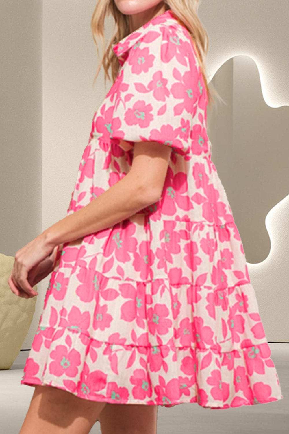 Printed Collared Neck Short Sleeve Mini Dress - Trendsi - Flyclothing LLC