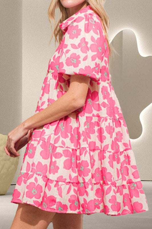 Printed Collared Neck Short Sleeve Mini Dress - Trendsi - Flyclothing LLC