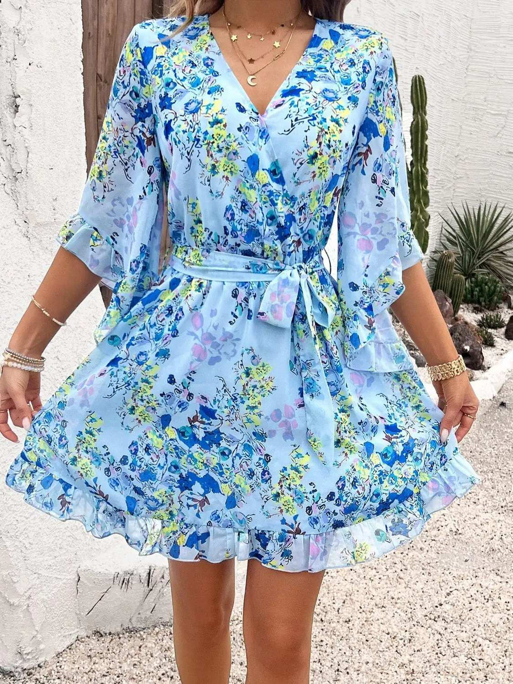Ruffled Printed Surplice Half Sleeve Mini Dress - Trendsi - Flyclothing LLC