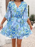 Ruffled Printed Surplice Half Sleeve Mini Dress - Trendsi - Flyclothing LLC