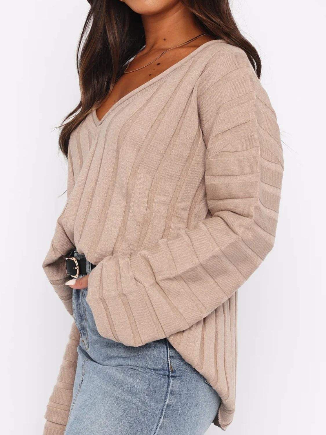 V-Neck Dropped Shoulder Sweater - Trendsi - Flyclothing LLC