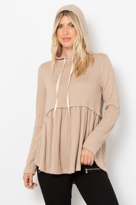 Be Stage Full Size Long Sleeve Peplum Cable Knit Hoodie - Trendsi