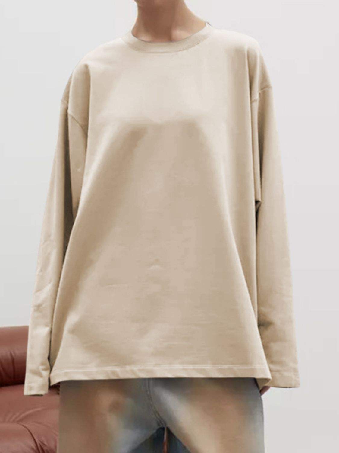 Round Neck Dropped Shoulder Long Sleeve T-Shirt - Trendsi - Flyclothing LLC