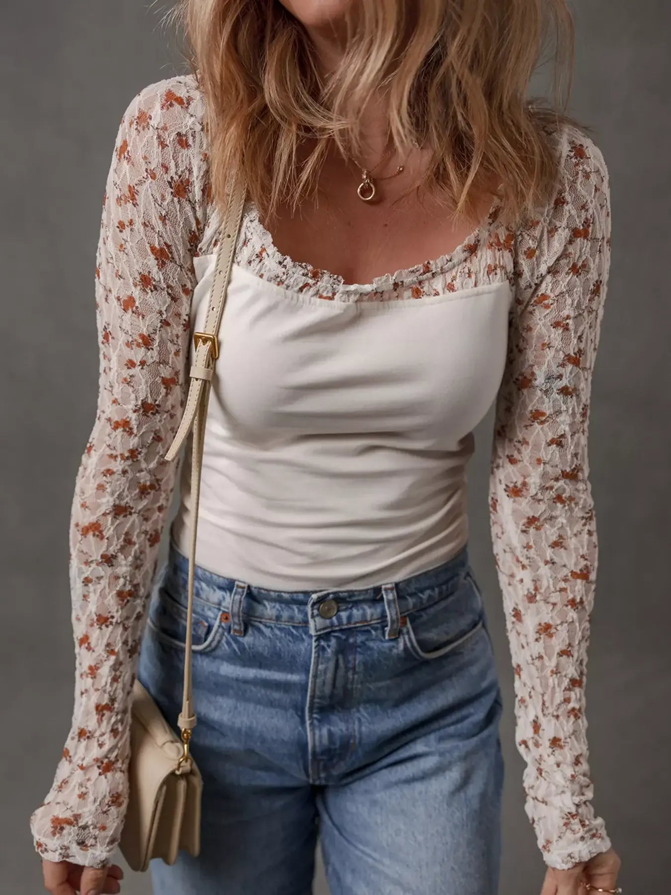 Floral Lace Patchwork Square Neck Long Sleeve Top - Trendsi - Flyclothing LLC