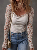 Floral Lace Patchwork Square Neck Long Sleeve Top - Trendsi - Flyclothing LLC