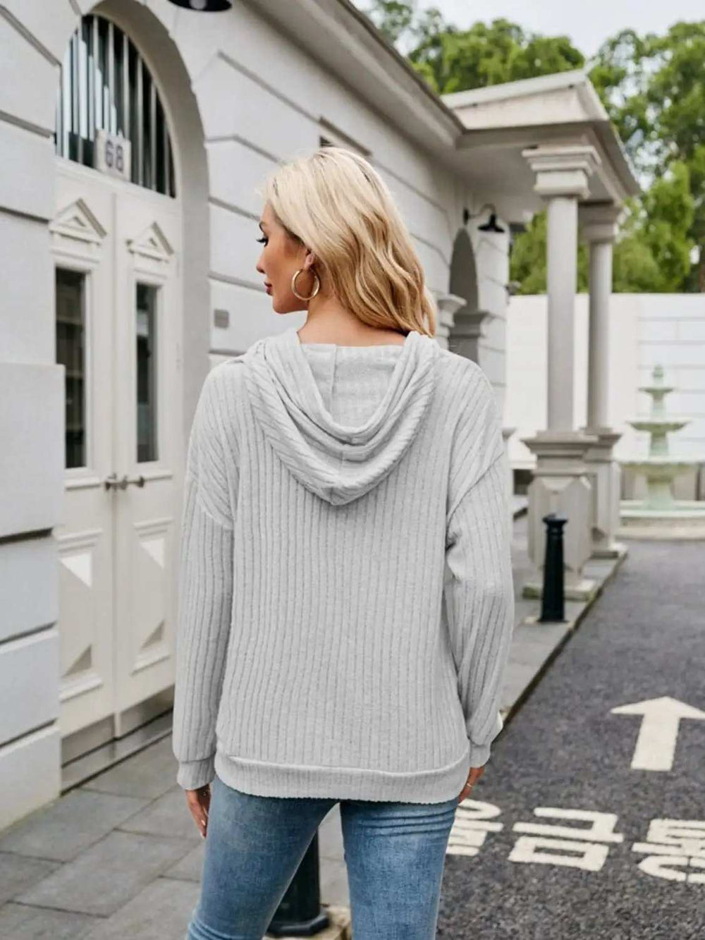 Ribbed Drawstring Long Sleeve Hoodie - Trendsi - Flyclothing LLC