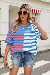 Striped Round Neck Half Sleeve T-Shirt - Trendsi - Flyclothing LLC