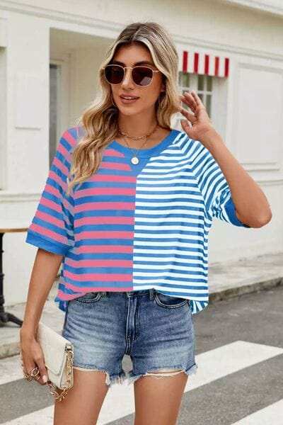 Striped Round Neck Half Sleeve T-Shirt - Trendsi - Flyclothing LLC