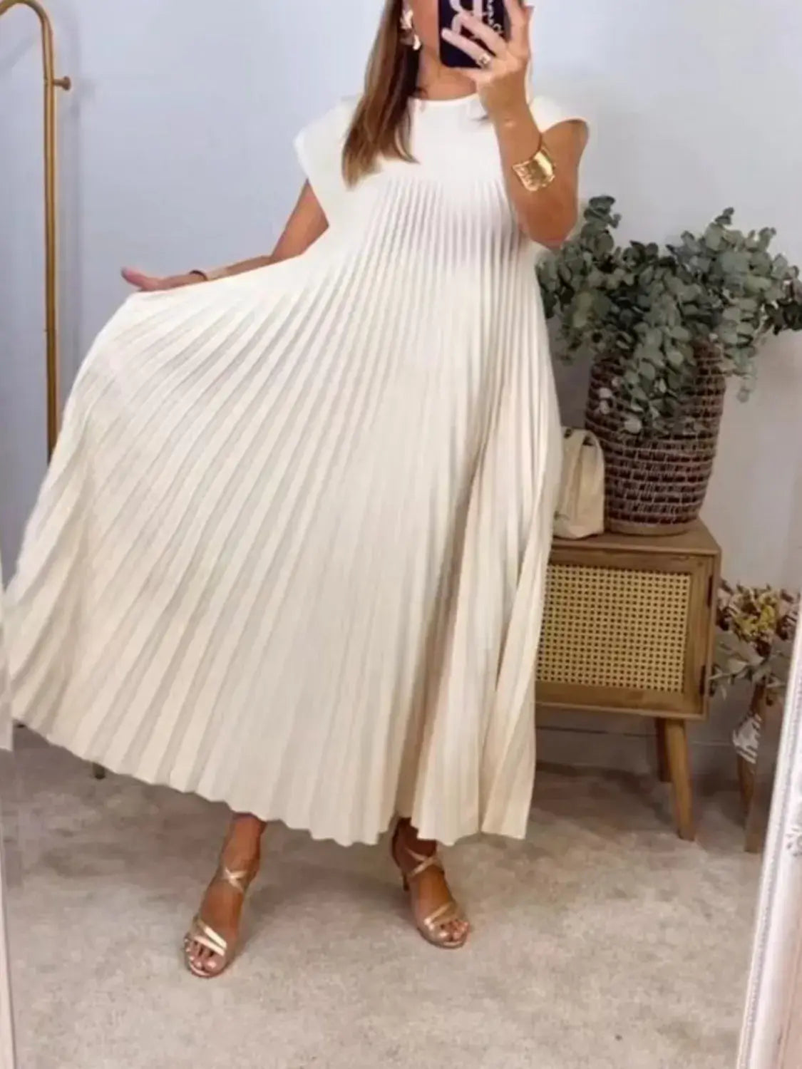 Full Size Pleated Round Neck Maxi Dress Plus Size - Trendsi - Flyclothing LLC