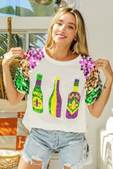 BiBi Sequin Mardi Gras Bottles Spangled Sleeve Top - Trendsi - Flyclothing LLC