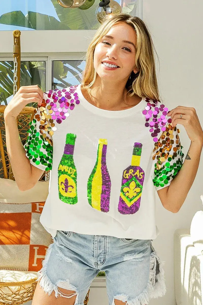 BiBi Sequin Mardi Gras Bottles Spangled Sleeve Top - Trendsi - Flyclothing LLC