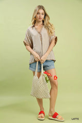 Umgee Stripe Collared Oversized Top - Trendsi - Flyclothing LLC