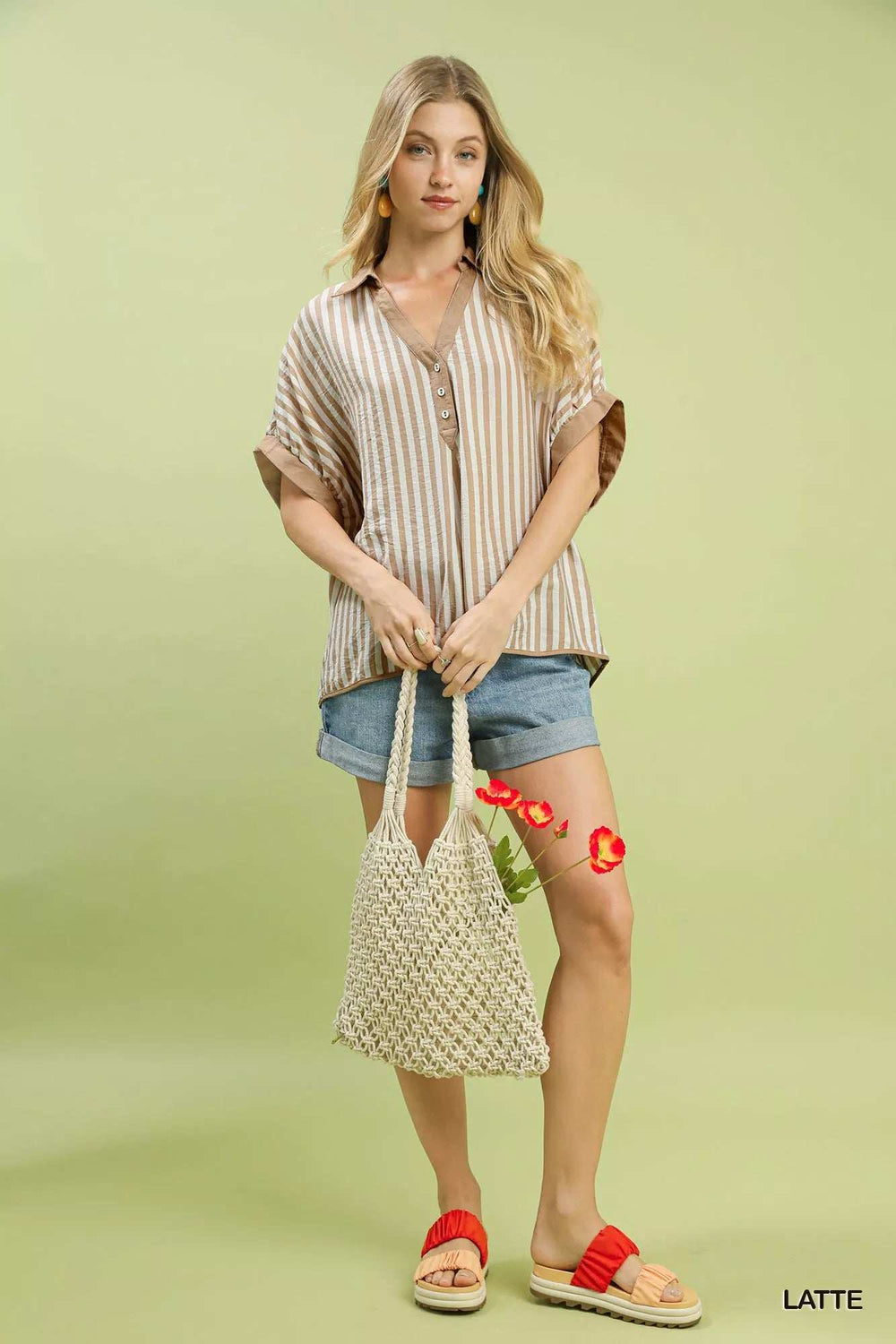 Umgee Stripe Collared Oversized Top - Trendsi - Flyclothing LLC