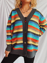 Contrast Stripes Button Up Long Sleeve Cardigan - Trendsi
