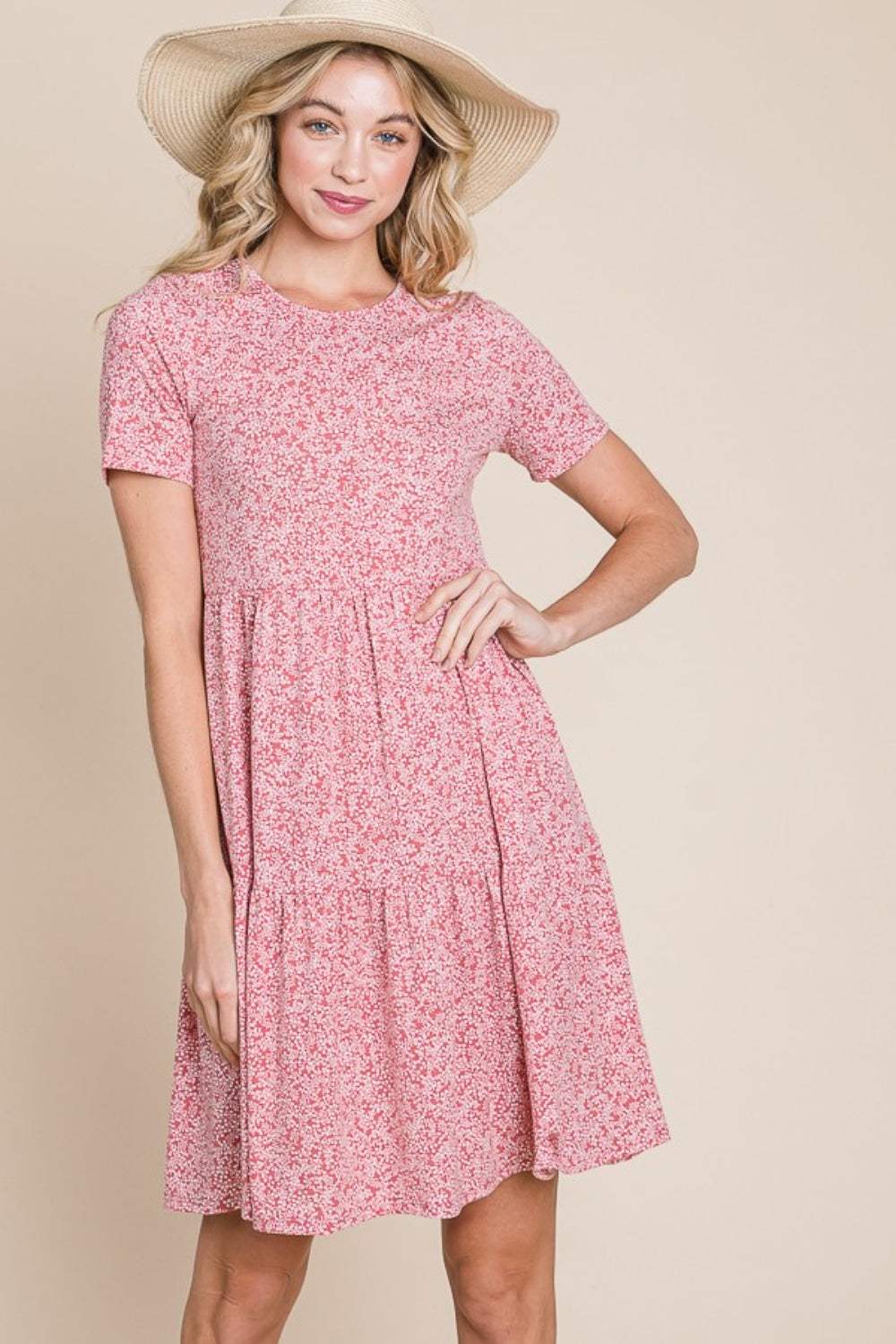 BOMBOM Printed Short Sleeve Mini Dress - Trendsi - Flyclothing LLC